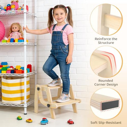 Toddler Step Stool, Foldable Step Stool for Kids, Convert to Chair, Toddler Stool for Bathroom Sink & Potty Training, Wooden Step Stools w Non Slip Base for Kitchen, Bedroom - color: Natural Wood