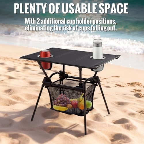 GARLLEN Folding Camping Table, Ultralight Compact Beach Table with Fabric Tabletop, Portable Folding Picnic Table with Cup Holder & Storage Net for Sand, Camping, Outdoor, 23.2“L x 15.7”W