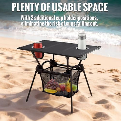 GARLLEN Folding Camping Table, Ultralight Compact Beach Table with Fabric Tabletop, Portable Folding Picnic Table with Cup Holder & Storage Net for Sand, Camping, Outdoor, 23.2“L x 15.7”W