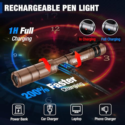 WORKPRO Rechargeable Pen Light, Mini Flashlight, 2 Pack Ultra-Compact EDC Flashlight, Pocket Flashlight with Clip, Memory Function and 2 x USB C Cable Included, Brown - color: Brown