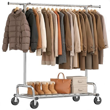 Raybee Heavy Duty Clothes Rack Load 485LBS, 74''W Clothing Rack with Mesh Shelf, Rolling Garment Rack with Adjustable Rail & Lockable Wheels for Bedroom, Laundry Room,Commercial - color: Chrome, style: Mesh Shelf