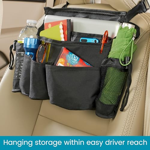 High Road SwingAway Car Front Seat Organizer with 6 Storage Pockets and 2 Bottle or Cup Holders - color: Black