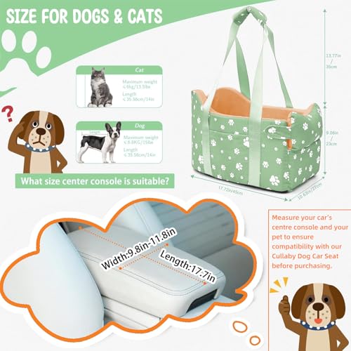 Dog Center Console Car Seat for Small Dogs Under 15lbs,Detachable Washable Booster Pet Car Seat Travel Bed with Storage Pockets and Seat Belt(Green) - color: Green