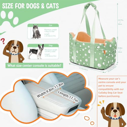 Dog Center Console Car Seat for Small Dogs Under 15lbs,Detachable Washable Booster Pet Car Seat Travel Bed with Storage Pockets and Seat Belt(Green) - color: Green