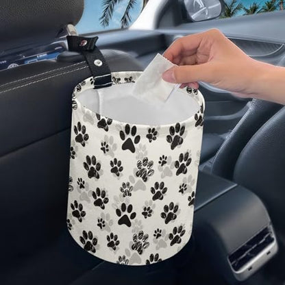 Renewold Car Trash Can Car Trash Bag Foldable Hanging Dog Paw Black Beige Trash Bin Garbage Can Adjustable Button Straps Home Office Camping Picnic Beach Storage Organizer Bag Container - color: Dog Paw Black Beige