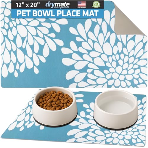 Drymate Pet Bowl Placemat, Dog & Cat Food Feeding Mats, 12x20, Rejuv Blue | Absorbent Fabric, Waterproof Backing, Slip-Resistant, Machine Washable, Contains Spills & Mess, Protects Floors, USA Made - color: Rejuvenation Blue, size: 20"L x 12"W
