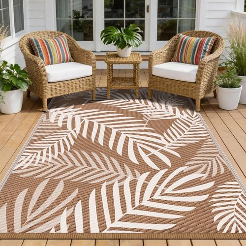 Kohree Outdoor Rug Waterproof 8x10, Reversible Outdoor Plastic Straw Rug with Leaf Pattern, Easy-Cleaning RV Mat Carpet for for Patio, Camping, Balcony, Deck, Backyard, Brown & Beige - color: Brown & Beige(leaf), size: 8' x 10' (Rectangular)