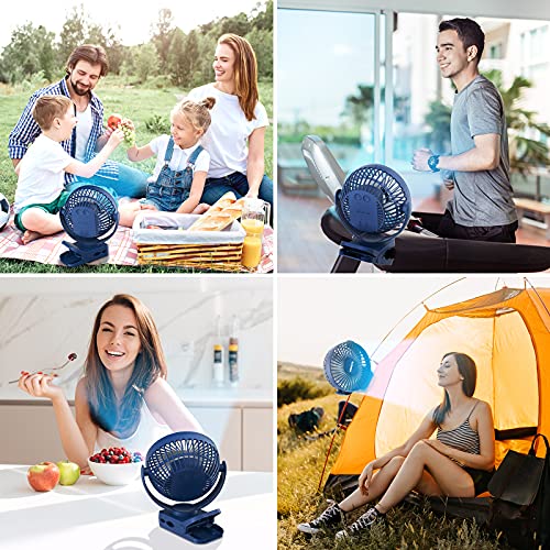 Clip on Fan 65 Hours Portable Desk Fan Rechargeable with LED Lights & Hooks 12000 Capacity Battery Operated Fan with Clips Small Desk Fan Mini Fans for Tents Travel Outdoor Camping Golf Cart Stroller - color: Dark Blue
