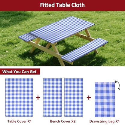 8ft Picnic Table and Bench Cover, Camping Essentials RV Gear, 96 in Waterproof Windproof Outdoor Elastic All Around Tablecloth, Fitted Rectangle Tables and Seats, Blue-White Checkered - color: Blue-white Checkered, size: 96"