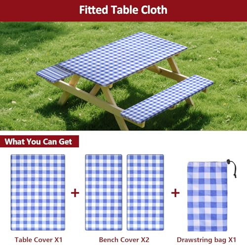 7ft Picnic Table and Bench Cover, Camping Essentials RV Gear, 84 in Waterproof Windproof Outdoor Elastic All Around Tablecloth, Fitted Rectangle Tables and Seats, Blue-White Checkered - color: Blue-white Checkered, size: 84"