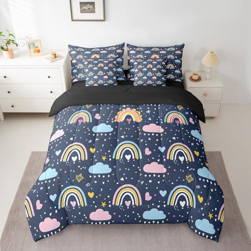 Erosebridal Girls Rainbow Duvet Insert,Cloud and Stars 7 Piece Comforter Set Twin Bed in a Bag for Kids Boys Children Cartoon Style Cloud Quilt Girly Reversible Flat Fitted Sheet for Bedroom Decor - color: Blue, size: Twin