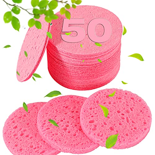 METUUTER 50 PCS Compressed Facial Sponges for Estheticians- 100% Natural Cellulose Face Sponge Professional Cosmetic Spa Sponges for Face Cleansing, Massage, Pore Exfoliating, Mask, Makeup Removal - color: Pink