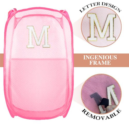 Collapsible Pop Up Laundry Hamper, Extra Large with Removable Initial Letter M, Mesh Foldable Laundry Basket, 28" x 16" x 16" (Pink) - color: 1P PinkM