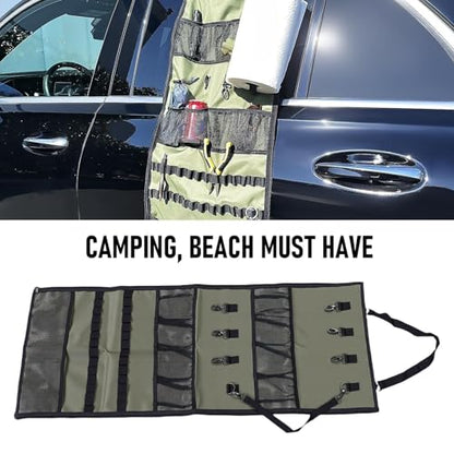 Camping Hanging Organizer, 600D Oxford Fabric Portable Camping Utensil Organizer with Mesh Pockets, Heavy Duty Hooks and Nylon Strapsf for RV, Tent, Garages, Tool Rooms