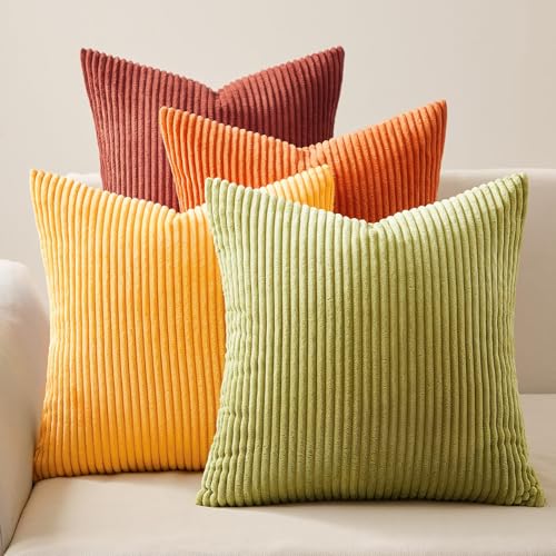 Topfinel Fall Burnt Orange Decorative Throw Pillows Covers 24x24 Inch Set of 4,Yellow Green Gradient Series Corduroy Striped Square Pillow Case,Western Modern Cushion Cover for Couch Sofa Bedroom - color: Yellow Orange, size: 24" x 24" (Pack of 4)
