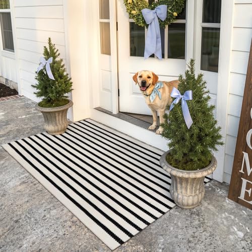 Collive Black and White Rug 3x5, Washable Outdoor Rug for Porch Cotton Woven Farmhouse Indoor Outdoor Rugs, Layered Welcome Door Mat, Floor Throw Carpet for Spring Front Door Decor Kitchen - color: Black Strips, size: 3' x 5' (Rectangular)