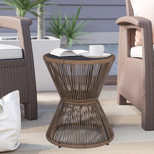 SUNNYPARK Outdoor Side Table 20'' H Small End Tables Woven Rope Weather Resistant with Glass Top Round Coffee Table for Indoor Balcony Patio Poolside (Brown) - color: Brown