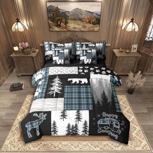 Erosebridal 7Pc Rustic Cabin Lodge Twin Comforter Set, Bear Deer Farmhouse Country Bedding Sets with Sheets, Blue and Black Buffalo Plaid Patchwork Quilt Camping Decor RV Bunk Camper Bed in a Bag - color: Light Blue Grey, size: Twin