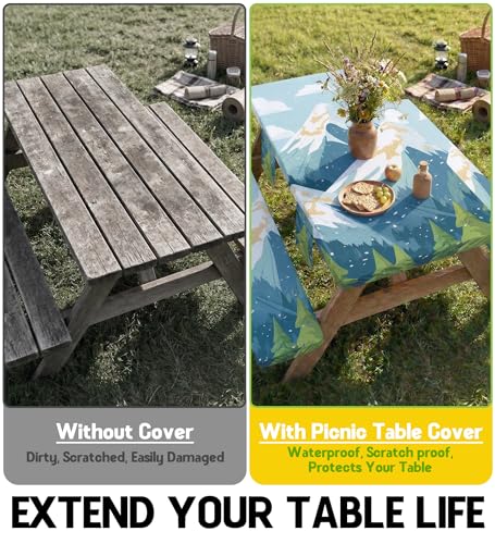 Picnic Table Cover with Bench Covers Waterproof Vinyl Elastic Rectangle Fitted Table Cloth Camping Lovers Essentials Rv Car Travel Overlanding Outdoor Roadtrip Road Trip Men Women Camper Gifts 8 Foot - color: Blue mountains, size: 96in