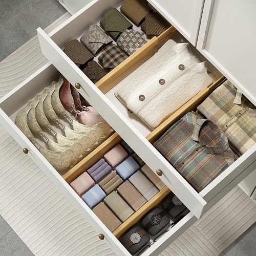 BAMEOS Bamboo Expandable Drawer Dividers – Fits 12.2"–17" Drawers, 4" Extra Deep Walls, Set of 4 | Tall Spring-Loaded Separator for Baby Dresser, Sock Drawer & Bathroom Cabinet - size: 4''H, 12.2''-17''L