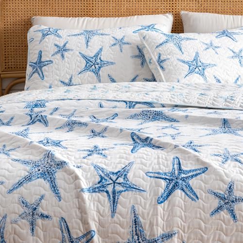 Great Bay Home Coastal Quilt Set - 2-Piece Twin/Twin XL Size Nautical Bedding Set - Lightweight, All-Season, Reversible Starfish Bedspread (Blue) - color: Blue, size: Twin / Twin XL