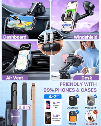 HTU 2026 Ultimate Best【True Military-Grade & Safety Cert】Car Phone Holder【Upgraded 360 Rotation & 100+LBS Strongest Suction】5-in-1 Truck Windshield Dashboard Vent Mount Stand for iPhone Android,Purple - color: Purple