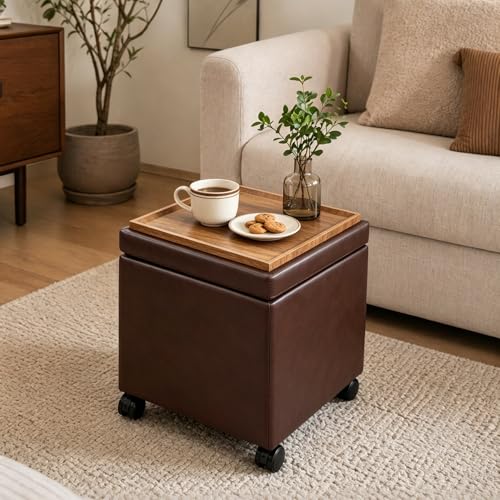 15 inch Square Storage Ottoman with Wheels and Tray Lid, Faux Leather Tufted Storage Cube Coffee Table, Movable Ottoman with Hidden Storage for Living Room, Bedroom - color: Faux Leather-reddish Brown With Wheels&tray