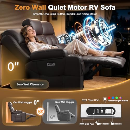 Power RV Loveseat Recliner Sofa, Reclining Loveseats Couch for RV Furniture, Home Theater Seating with Heat Massage, Flip Backrest, USB, Cup Holders, 150° Wall Hugger RV Recliners Sleeper Sofas - color: Flip Back Brown, size: Loveseat-G1-Power