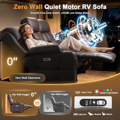 Power RV Loveseat Recliner Sofa, Reclining Loveseats Couch for RV Furniture, Home Theater Seating with Heat Massage, Flip Backrest, USB, Cup Holders, 150° Wall Hugger RV Recliners Sleeper Sofas - color: Flip Back Brown, size: Loveseat-G1-Power