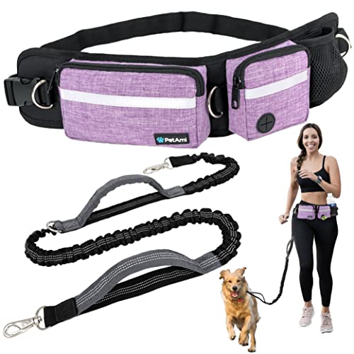 PetAmi Hands Free Dog Leash, Running Leash Belt Bag for Walking, Jogging, Waist Double Zipper Pouch with Poop Dispenser, Dual Padded Handles Reflective Bungee Single, Purple, 1 Leash - color: Purple, size: 1 Leash