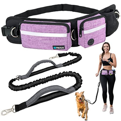 PetAmi Hands Free Dog Leash, Running Leash Belt Bag for Walking, Jogging, Waist Double Zipper Pouch with Poop Dispenser, Dual Padded Handles Reflective Bungee Single, Purple, 1 Leash - color: Purple, size: 1 Leash
