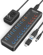 Powered USB 3.0 Hub, Wenter 48W 11-Port USB Hub Splitter (7 Faster Data Transfer Ports+ 4Pcs QC Charging Ports) with Individual LED On/Off Switches, USB Hub 3.0 Powered with Power Adapter - color: 7+2+2