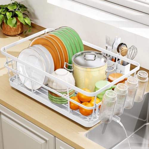 TOOLF Dish Drying Rack, Dish Racks for Kitchen Counter, Stainless Steel Sink Organization and Storage Essentials with Cutlery Holder, Dish Drainer, Home and Appartment Decor, 12.4''W x 16.5''L, White - color: White, size: XLarge
