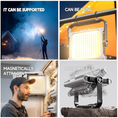 Sekrro P8 Rechargeable Magnetic Work Light, 3500LM LED Camping Lantern 20000mAh Battery, IP67 Waterproof, Stepless Dimming, Flood Light for Job Site, Emergency, Outdoor, Workshop