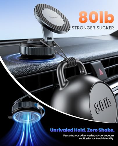 Jononser Suction Phone Mount for Car Dashboard/Windshield - 360°Adjustable Magnetic Phone Holder for Car, Foldable Car Phone Holder for iPhone 17/16/15/14/13/12 Series (Carbon Fiber & Aluminum Alloy) - color: Black