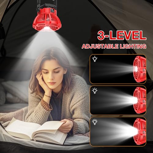 Portable Fan for Milwaukee 18V Battery, Brushless 3-Speed Desk Fan with LED Light, 3300 RPM, 180° Rotating Hook, Camping Fan for Hiking, Jobsite, Tents (No Battery) - color: Red