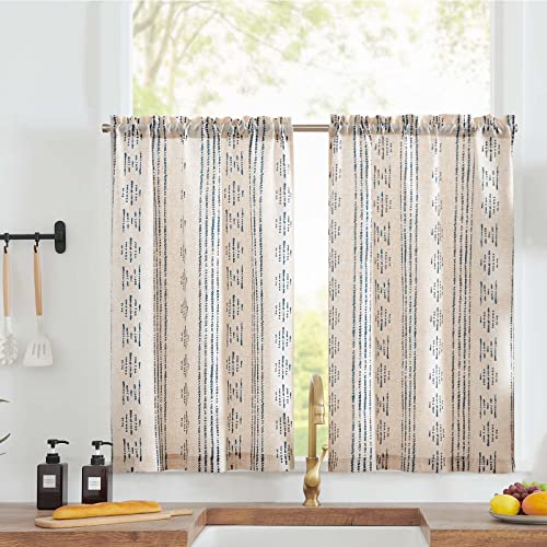 jinchan Boho Kitchen Curtains Linen Tier Curtains 24 Inches Bohemian Cafe Small Drapes Striped Mudcloth Farmhouse for Bathroom RV Camper Light Filtering Rod Pocket 2 Panels Blue on Beige - color: Boho Blue on Beige, size: 26"W x 24"L (Pack of 2)