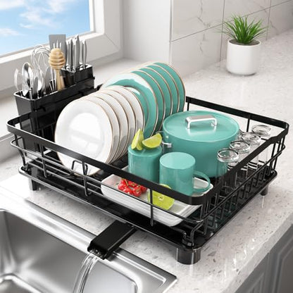 Dish Drying Rack - Space Saving Dish Rack - Dish Racks for Kitchen Counter with Drainboard,Rustproof Dish Drainer with Removable Utensil Holder,Black - color: 1 Tier-black