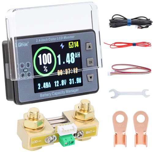 DROK Charge Discharge Monitor, DC 8-100V 200A Battery Monitor 12V 24V 36V 48V 60V Coulometer Watt Meter, 2.4 inch LCD Color Screen Capacity Percentage Time Power Voltmeter Ampmeter for RV Solar Panel - size: 200A/Base Unspecified