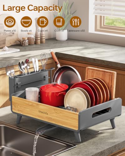 Urackify Dish Drying Rack for Kitchen Counter - Stainless Steel & Bamboo Dish Rack with Large Removable Utensil Holder, Dish Drainer with Adjustable Automatic Spout, Grey - color: Gray, size: 1 Tier