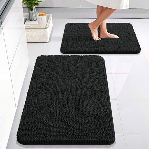 OLANLY Bathroom Rugs Sets 2 Piece, Soft Absorbent Chenille Bath Mats Area Rug Set, Non-Slip, Quick Dry, Machine Washable Bath Mats for Bathroom, Home Decor Accessories (30"x20"+24"x16", Black) - color: Black, size: 30" X 20" + 24" X 16"