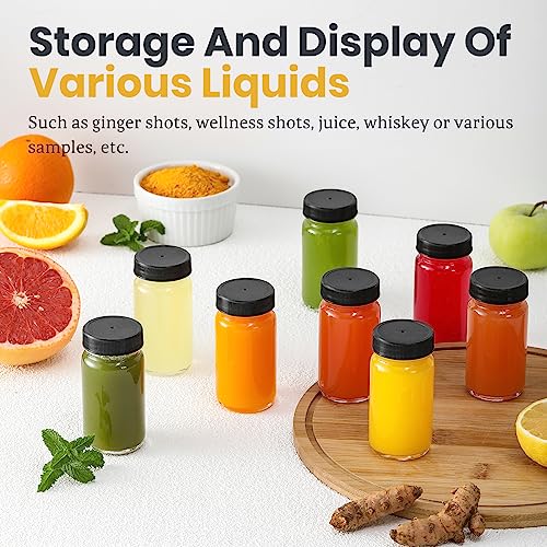 30 Pack 2 oz Glass Shot Bottles w/ Black Lids & 30 Labels - Small Clear Jar for Ginger, Wellness Shot, Juice, Sample, Whiskey - Travel Essentials Mini Bottles - Wide Mouth, Leakproof, Dishwasher Safe - color: Black Lid, size: 30 Pack