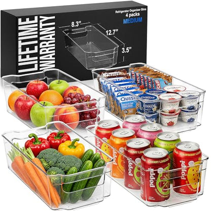 Zulay Kitchen 4 Pack Clear Refrigerator Organizer Bins - Large Fridge Organizers and Storage Containers - Transparent, BPA Free, Durable, Shatterproof - size: L 12.5" x W 8.3"