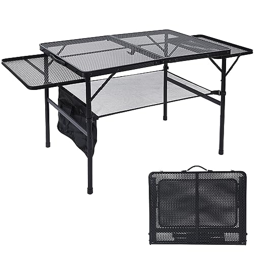 JOUYEK Folding Grill Table, 3x2 FT Portable Camping Table with 2 Wing Panels, Height Adjustable Metal Tables with Mesh Desktop and Mesh Bag, Outdoor Furniture for Camping, Picnic, Beach and BBQ, Black - style: 3X2 FT with 2 panels