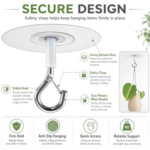Adhesive Ceiling Hooks with Safety Clasp, Stick-On Wall Hooks for Plants, Wind Chimes, Home Storage and Bathroom Decor