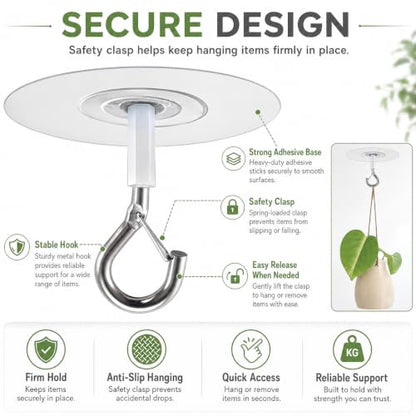 Adhesive Ceiling Hooks with Safety Clasp, Stick-On Wall Hooks for Plants, Wind Chimes, Home Storage and Bathroom Decor