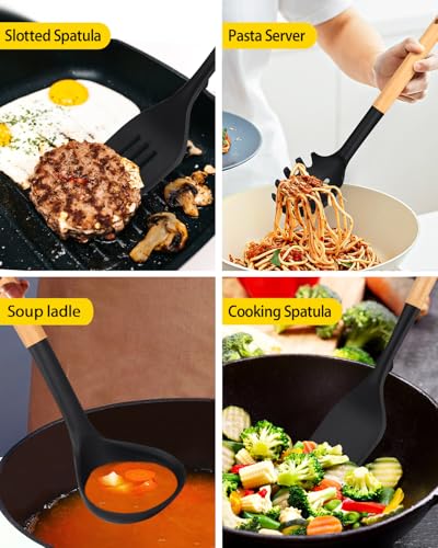 Silicone Kitchen Utensil Set for Non Stick Cookware, 7 Pcs Heat Resistant Cooking Utensils with Wooden Handle, BPA Free Kitchen Tools with Spatulas, Spoons, Skimmer and Pasta Fork (BLACK) - color: Black