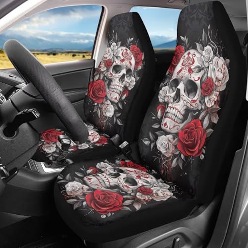 Bulopur 2 PCS Skull Red Rose Car Seat Covers Gothic Car Front Seat Covers Stretchy Fabric Washable Polyester Bucket Seats Cover for SUV Truck Van Halloween Decor - color: Skull Red Rose