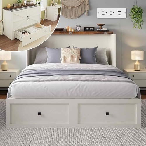 LUXOAK Murphy Bed with Charging Station, Queen Size Cabinet Bed with Large Storage Drawer for Home Office or Small Room, Hideaway Foldable Platform Bed, White - color: White, size: Queen