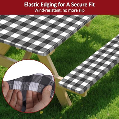 8ft Picnic Table and Bench Cover, Camping Essentials RV Gear, 96 in Waterproof Windproof Outdoor Elastic All Around Tablecloth, Fitted Rectangle Tables and Seats, Black-White Checkered - color: Black-white Checkered, size: 96"